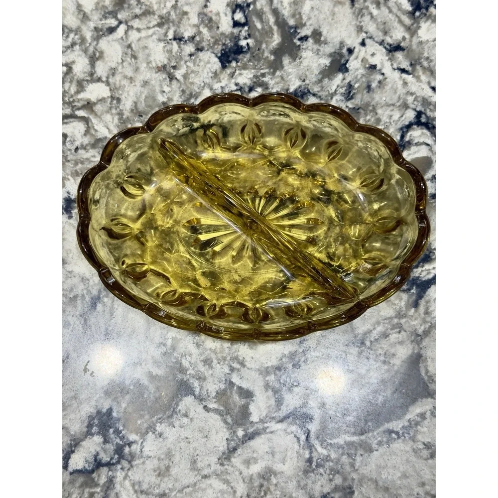 Vintage Clear Oval Amber Glass Divided Dish Candy 7x5